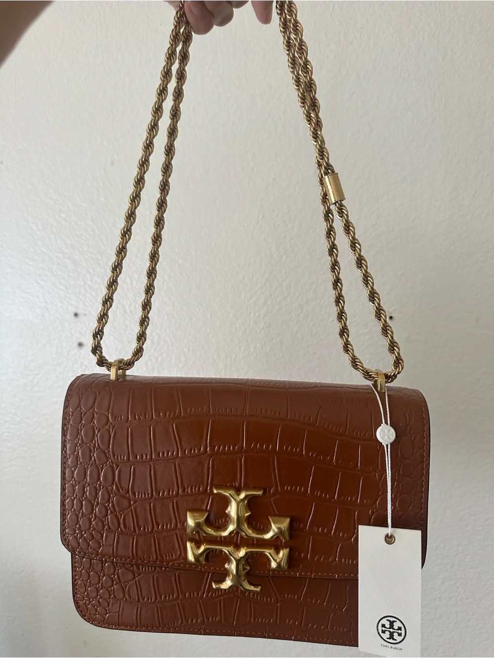 Tory Burch Croc-Embossed Leather Shoulder Bag in Brown with Gold Hardware